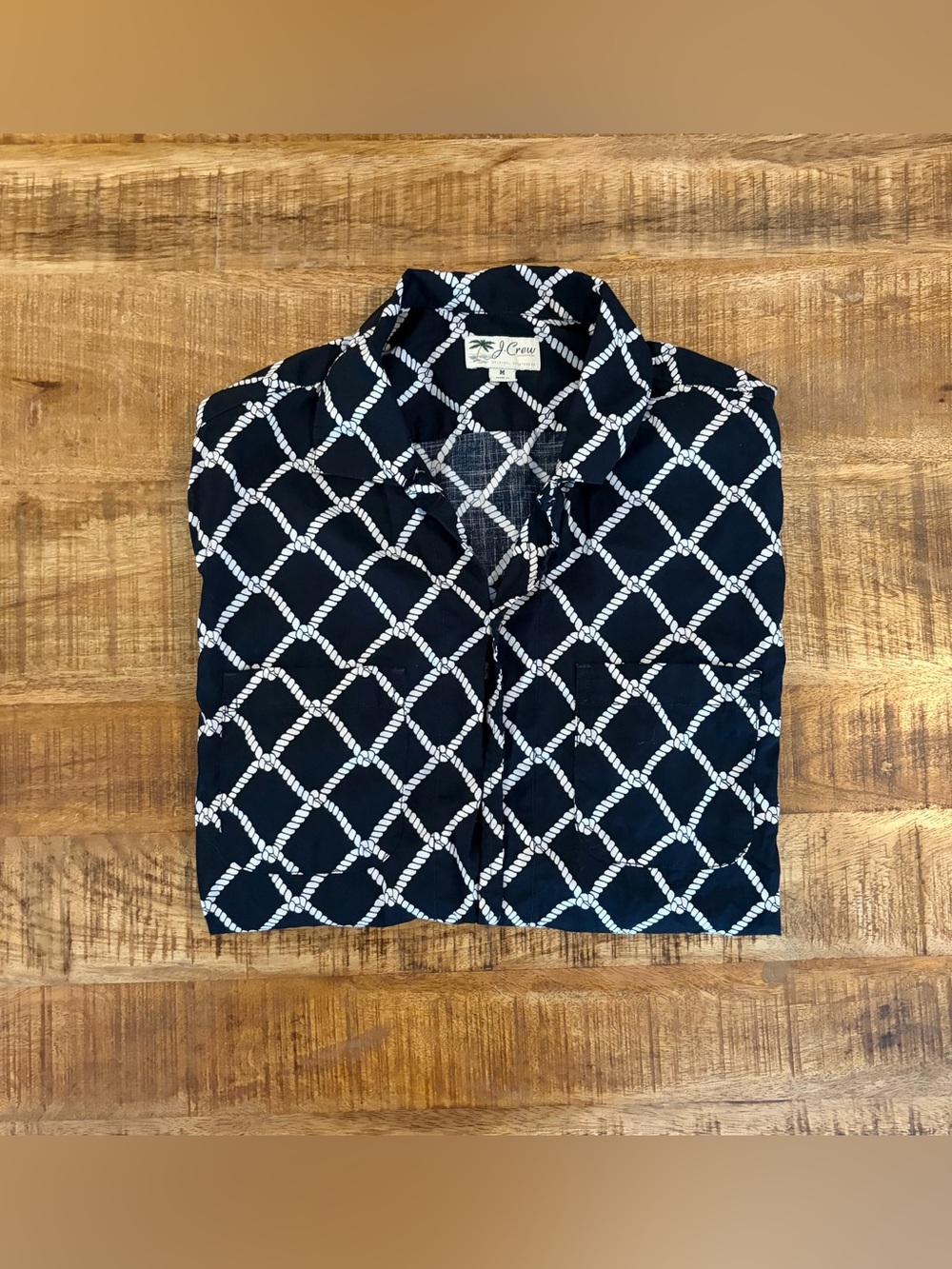 J. Crew Slub Cotton Camp Collar Button Up Shirt Mesh Rope Navy
